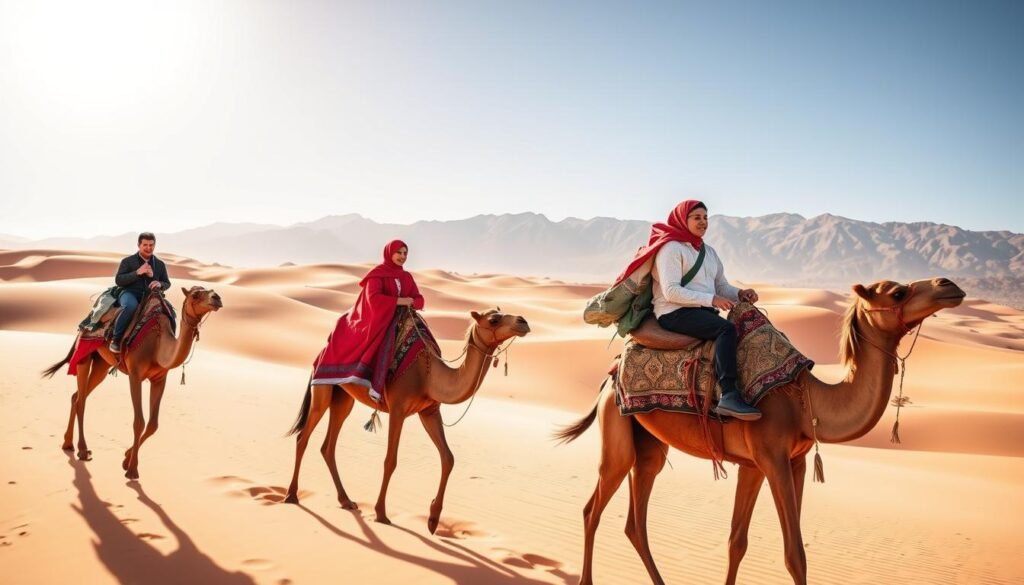 A well-equipped Berber guide leads a procession of camels through the shimmering Moroccan desert. Warm hues of ochre and sienna fill the frame, as the sun casts a soft, golden glow across the vast, undulating dunes. The camels, adorned with colorful textiles and tassels, plod steadily, their experienced riders maintaining a relaxed, comfortable posture. In the background, the rugged Atlas Mountains rise majestically, creating a dramatic and picturesque setting. The scene conveys a sense of adventure and cultural immersion, while highlighting the importance of safety and responsible tourism during a camel riding experience in this stunning, iconic Moroccan landscape.