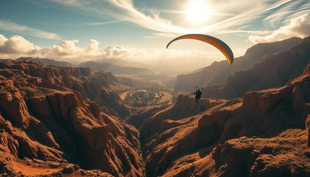 An aerial shot of a paraglider soaring above the rugged, ochre-hued terrain of the High Atlas Mountains in Morocco. The pilot gracefully glides over dramatic rock formations and deep ravines, casting long shadows on the undulating landscape below. Warm, golden sunlight filters through wispy clouds, illuminating the scene with a sense of adventure and tranquility. In the distance, a traditional Berber village nestles among lush palm groves, hinting at the cultural richness of this stunning North African landscape. The camera angle captures the exhilaration of the paragliding experience, inviting the viewer to imagine the thrill of soaring like a bird over this breathtaking Moroccan panorama.