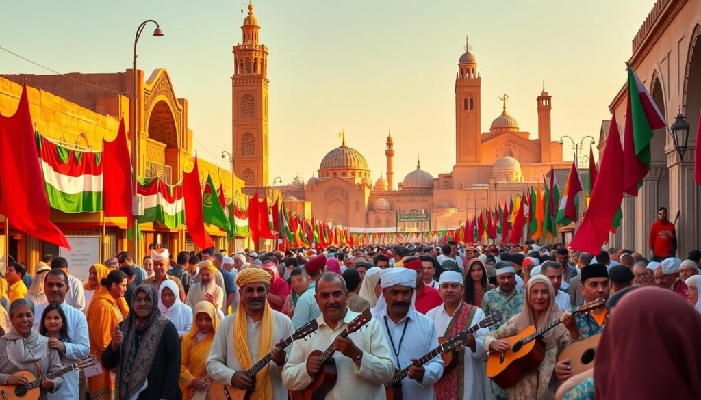 Bustling streets of vibrant Moroccan cities, adorned with colorful flags and banners. Crowds of people in traditional dress gather to celebrate religious festivals, their faces alight with joy and reverence. In the foreground, a group of musicians play lively, rhythmic music on traditional instruments, their melodies carried on the warm desert breeze. The background features the iconic architecture of ancient mosques and shrines, their intricate carvings and domes bathed in the golden glow of the setting sun. The scene is a tapestry of sights, sounds, and spiritual energy, capturing the essence of Morocco's rich cultural heritage and deep-rooted faith.