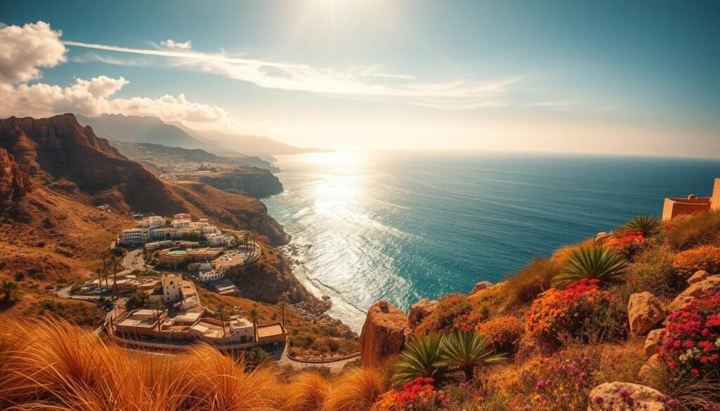 Dramatic Mediterranean coastline of northern Morocco, with rugged cliffs and coves dotted along the shore. In the foreground, a picturesque fishing village nestled among whitewashed buildings and palm trees. Swaying grasses and vibrant wildflowers line the rocky bluffs. Beyond, the sparkling azure waters of the Alboran Sea stretch to the horizon, with a hazy silhouette of the Rif Mountains in the distance. Warm, golden sunlight filters through wispy clouds, casting a warm, romantic glow over the entire scene. Captured with a wide-angle lens to accentuate the sweeping vistas and dramatic topography of this stunning Mediterranean landscape.