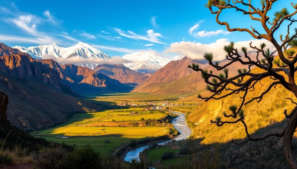 Majestic snow-capped peaks of the High Atlas Mountains rise majestically against a clear azure sky. In the foreground, a lush green valley dotted with traditional Berber villages unfolds, watered by a winding river. Rugged limestone cliffs cast dramatic shadows, while a golden afternoon light filters through wispy clouds, creating a warm, serene atmosphere. The scene is framed by twisted, wind-swept juniper trees, their gnarled branches reaching towards the heavens. This timeless, picturesque landscape captures the essence of Morocco's Atlas Mountains, a natural wonder that beckons exploration.