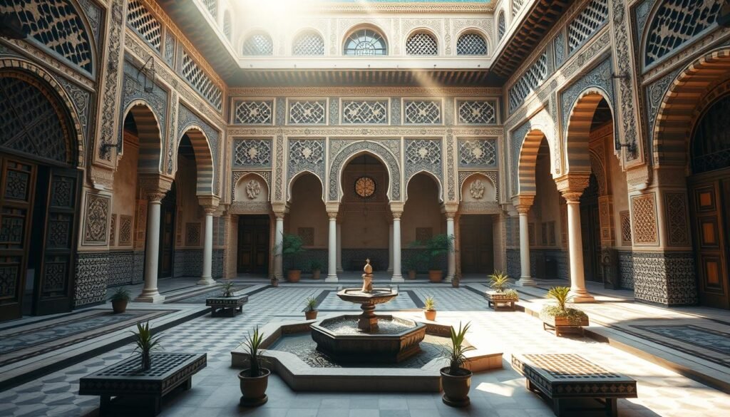 Moroccan Heritage Architecture: A grand, ornate courtyard with intricate arabesques and geometric patterns adorning the walls. Ornately carved wooden doors and delicate arched entryways frame the scene. Sunlight filters through decorative latticework, casting soft shadows and warm hues across the space. In the center, a tranquil fountain bubbles, surrounded by lush potted plants and tiled benches. The architecture blends Moorish, Islamic, and Mediterranean influences, exemplifying the rich cultural tapestry of Morocco. A serene, timeless atmosphere pervades the setting, inviting exploration and contemplation of this magnificent architectural legacy.
