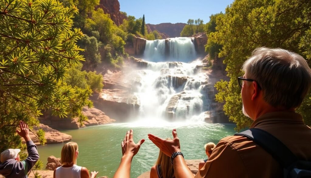 Ouzoud Waterfalls, a stunning natural wonder nestled in the Atlas Mountains of Morocco. The scene depicts a guided tour group taking in the breathtaking cascades, framed by lush green foliage and sun-dappled rock formations. In the foreground, a skilled guide gestures, describing the history and significance of this enchanting location. The middle ground showcases the powerful, tiered waterfall, its crystal-clear waters crashing into a serene pool below. Warm, golden light filters through the surrounding trees, casting a magical glow over the entire scene. The composition invites the viewer to imagine the tranquility and adventure of exploring this captivating natural landscape with the guidance of a knowledgeable local.