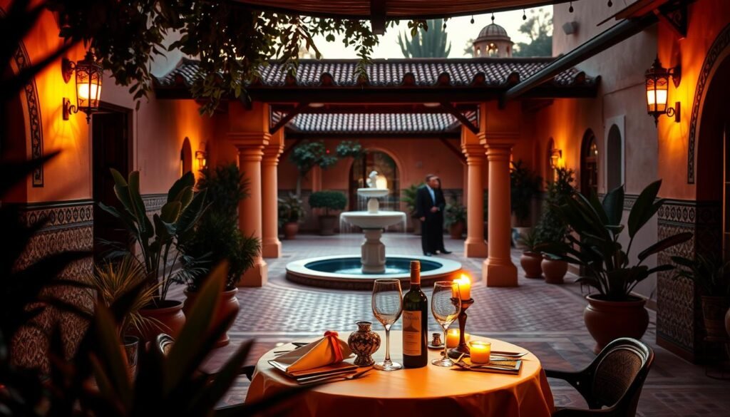 Romantic Moroccan courtyard at sunset, with a candlelit table set for two under a shaded pavilion. Ornate tiled walls and lush potted plants in the foreground, a babbling fountain in the middle ground. Warm lighting casts a soft glow, reflecting off the table's elegant place settings, stemware, and a bottle of Moroccan wine. Two figures silhouetted in the background, dining intimately by the fading light. An atmosphere of exotic, intimate luxury, perfect for a honeymoon celebration.