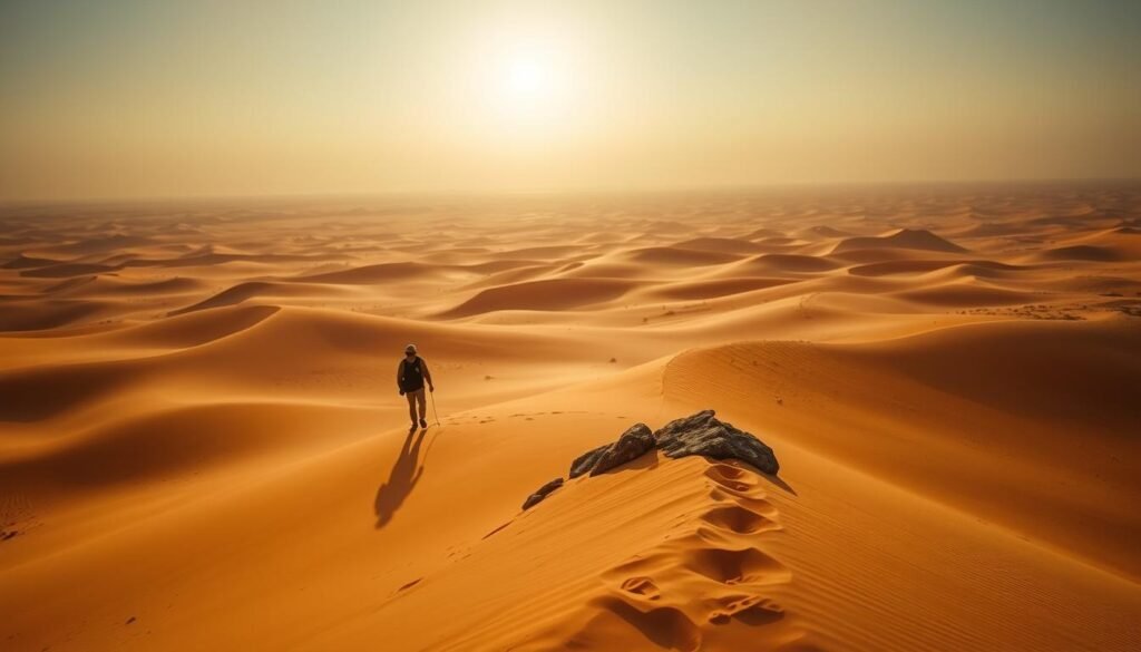 Sahara Desert exploration: A vast expanse of golden dunes stretching toward the horizon, with a lone adventurer navigating the undulating terrain. The sun casts a warm, diffused glow, casting long shadows that accentuate the dramatic contours of the landscape. In the middle ground, a rocky outcrop provides a vantage point, allowing the explorer to survey the unfolding desert panorama. Distant shimmering mirages hint at the boundless nature of this ancient, awe-inspiring environment. The mood is one of solitude, discovery, and the thrill of immersing oneself in the timeless beauty of the Sahara.