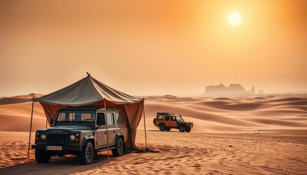 Sweeping sand dunes under a brilliant desert sun, a weathered tent-like structure standing in the foreground, its earthy tones blending seamlessly with the arid landscape. Rugged, well-equipped 4x4 vehicles parked nearby, ready to embark on an adventure. In the background, a silhouette of distant rocky outcrops, hazy and mysterious. The scene exudes a sense of exploration, authenticity, and the promise of an unforgettable Moroccan desert odyssey. Soft, diffused lighting casts warm shadows, creating a sense of depth and ambiance. A wide-angle lens captures the expansive, cinematic feel of the desert setting, inviting the viewer to imagine themselves embarking on the ultimate Moroccan safari tour.