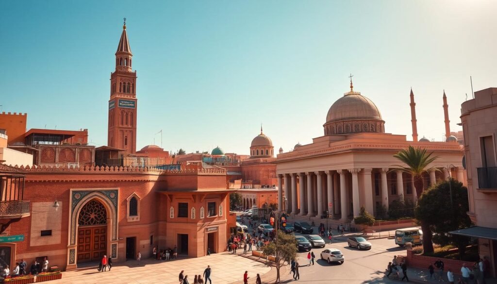 The bustling streets of Rabat, Morocco, come alive with the harmonious interplay of its religious landmarks. In the foreground, the majestic Kasbah of the Udayas stands tall, its ornate gates and intricate tilework reflecting the rich Moorish architecture. Towering over the city, the minaret of the Hassan Mosque pierces the azure sky, its call to prayer echoing through the winding alleys. In the middle ground, the Mausoleum of Mohammed V, with its elegant domes and marble columns, radiates a serene and reverent atmosphere. In the distance, the Chellah necropolis, a historic Islamic burial ground, adds to the layered tapestry of Rabat's religious heritage. Warm, golden sunlight bathes the scene, casting a contemplative and spiritual ambiance.